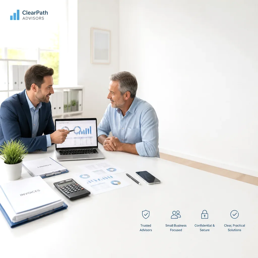 Advisor reviewing business statements with a small business owner in a Swiss office